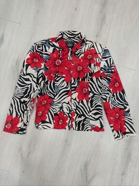 VTG Mesmerize Red Big Floral Zebra Stripe Sequin Jacket Lined Full Zip 90s Sz S
